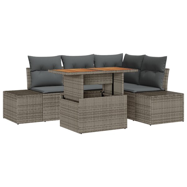 vidaXL Set de salle à manger de jardin 5 pièces avec coussins gris poly rattan acacia