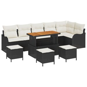 Ensemble de Canapé de Jardin 10 Pièces avec Coussins Noir Poly Rattan Acacia
