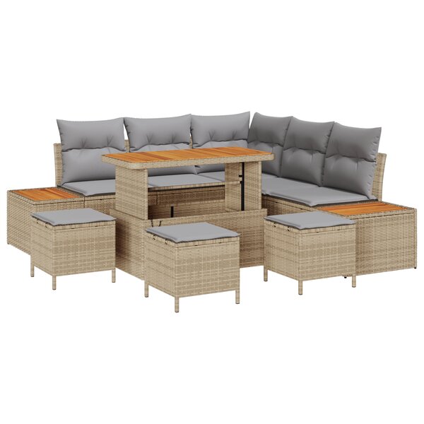 vidaXL Ensemble de Canapé de Jardin 9 Pièces avec Coussins Beige Poly Rattan Acacia