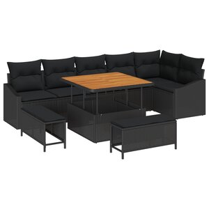 Canapé de jardin 9 pièces avec coussins en Rattan noir et Acacia