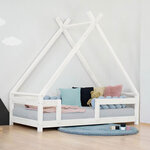 Lit Tipi enfant avec barrière bois massif gris 120 x 180 cm