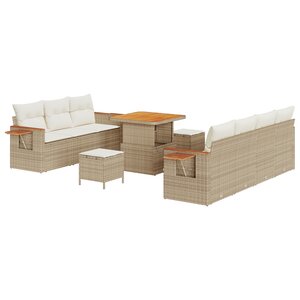 vidaXL Ensemble de Canapé de Jardin 10 Pièces avec Coussins Beige Rattan Poly Acacia