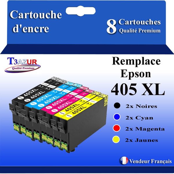 T3AZUR - 8x Cartouches compatibles avec Epson WorkForce Pro WF-7310DTW (2Noires + 2Cyan + 2 Magenta + 2 Jaunes)