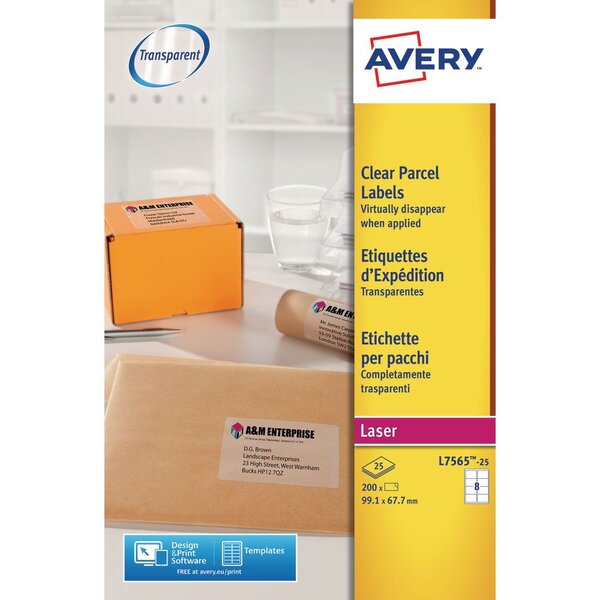 Étiquettes transparentes pour imprimante laser ou jet d'encre l7565, 99,1 x 67,7 mm, 8 étiquettes par feuille (paquet 200 unités)