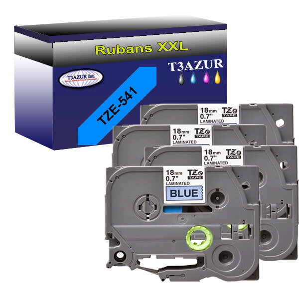 4 x Rubans d'étiquettes laminées générique Brother Tze-541 pour étiqueteuses P-touch - Texte noir sur fond bleu - T3AZUR