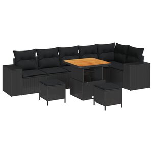 Ensemble de Canapés de Jardin 9 pièces avec Coussins Rattan Poly Noir Acacia