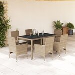 vidaXL Ensemble à manger de jardin et coussins 7 Pièces beige rotin verre
