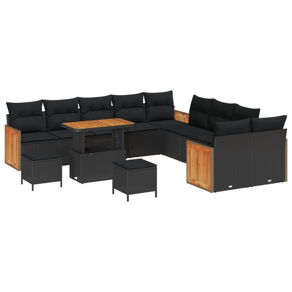 Ensemble de Canapé de Jardin 13 Pièces avec Coussins Noir Rattan Poly Acacia