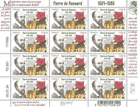 Feuille de 12 timbres - Pierre de Ronsard - Lettre Verte