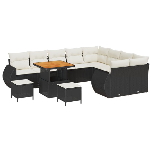 Ensemble de canapé de jardin de 12 pièces avec coussins noir en rattan poly acacia