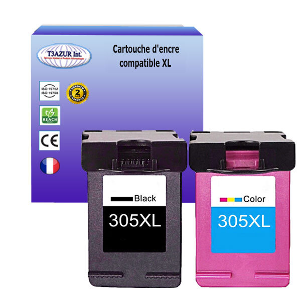 T3azur - 1+1 cartouches d'encre compatibles remplace hp 305 305xl noire+ couleur pour hp envy 6010 6010e 6012 6012e