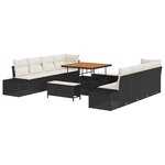 Ensemble de canapé de jardin 11 pièces avec coussins noir poly rotin acacia