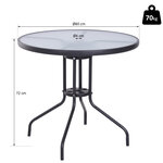 Table ronde bistro de jardin dim. Ø 80 x 72H cm espace installation parasol acier époxy noir plateau verre trempé