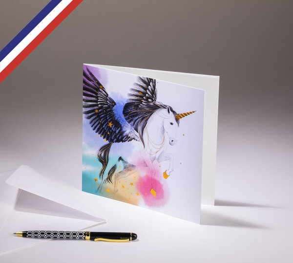 Carte double florilège créée et imprimée en france - belle licorne !