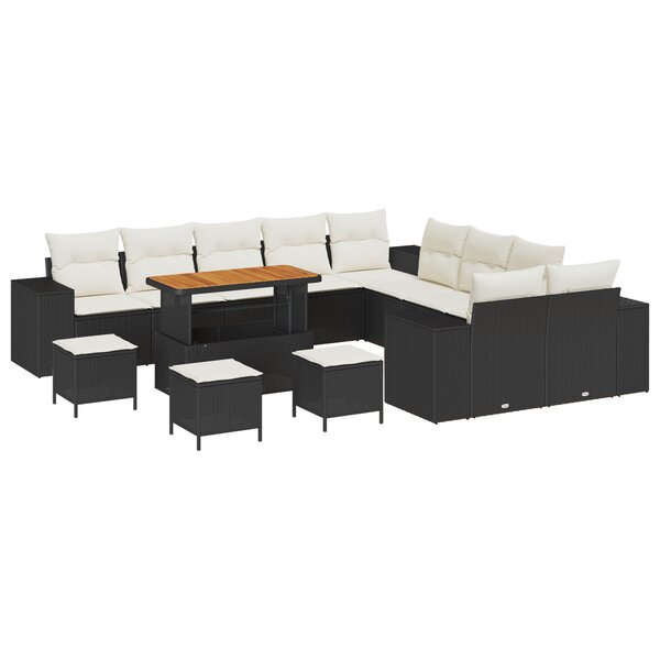Ensemble de canapé de jardin de 14 pièces avec coussins en poly rattan noir et acacia