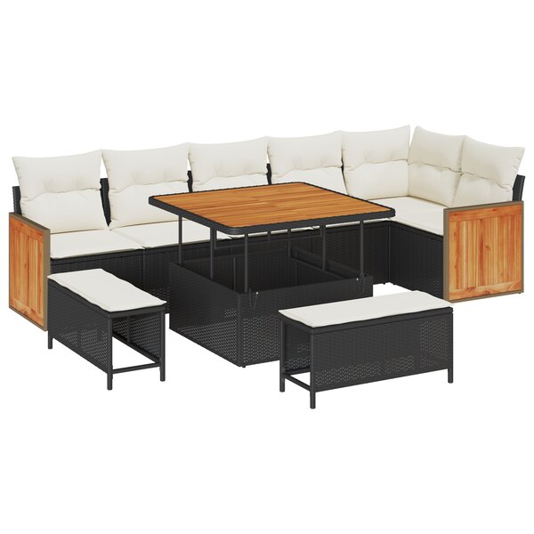 Ensemble de Canapé de Jardin 9 pièces avec Coussins Noir Poly Rattan Acacia
