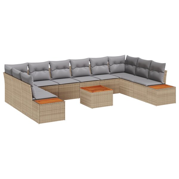 Ensemble de canapé de jardin 11 pièces vidaXL avec coussins beige poly rattan acacia