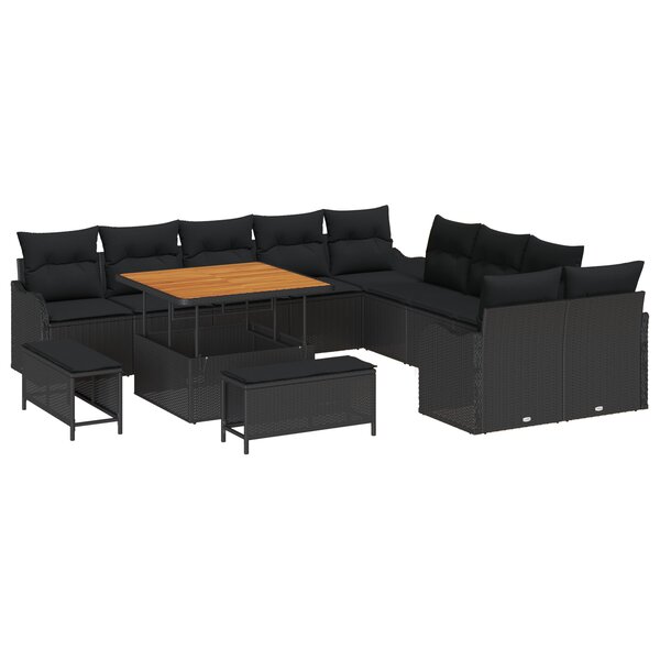 Canapé de jardin 13 pièces avec coussins Noir Poly Rotin Acacia