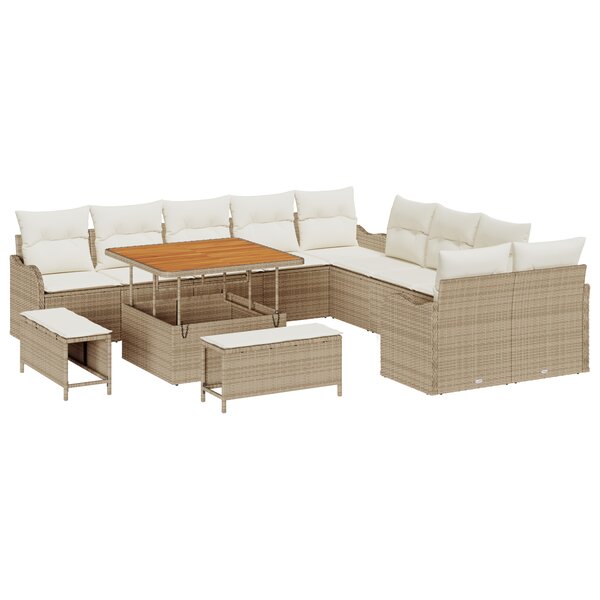 vidaXL Canapé de jardin 13 pièces avec coussins Beige Poly Rattan Acacia