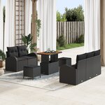 Ensemble de 8 canapés de jardin noir avec coussins en poly rotin et acacia