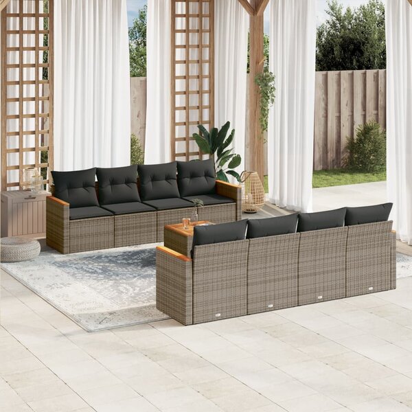 vidaXL Salon de jardin 9 Pièces avec coussins gris résine tressée