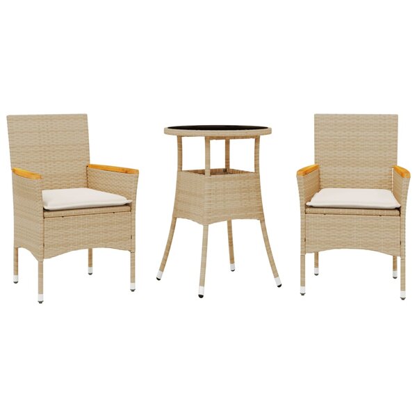 vidaXL Ensemble à manger de jardin et coussins 3 Pièces beige rotin verre