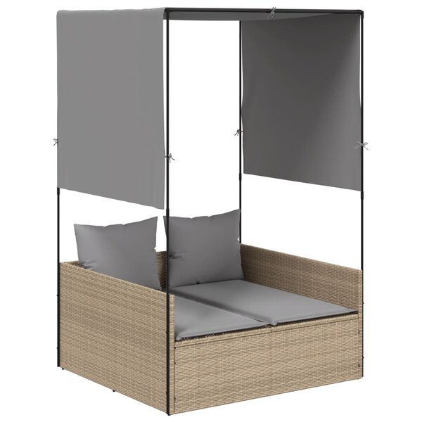 vidaXL Chaise longue double avec toit et rideaux beige résine tressée