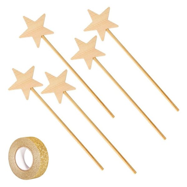 5 baguettes magiques bois 23 cm + masking tape doré à paillettes 5 m