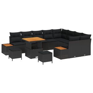 Ensemble de Canapé de Jardin 12 pièces avec Coussins Noir Poly Rattan Acacia