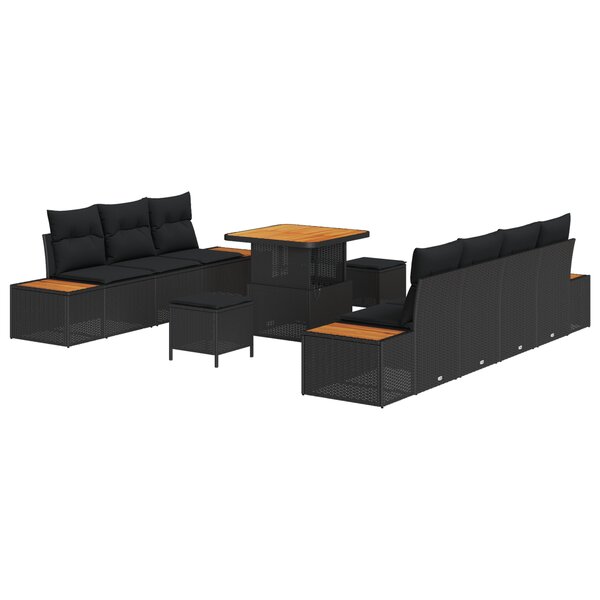vidaXL Ensemble de Canapé de Jardin de 10 Pièces avec Coussins Noir Poly Rattan Acacia