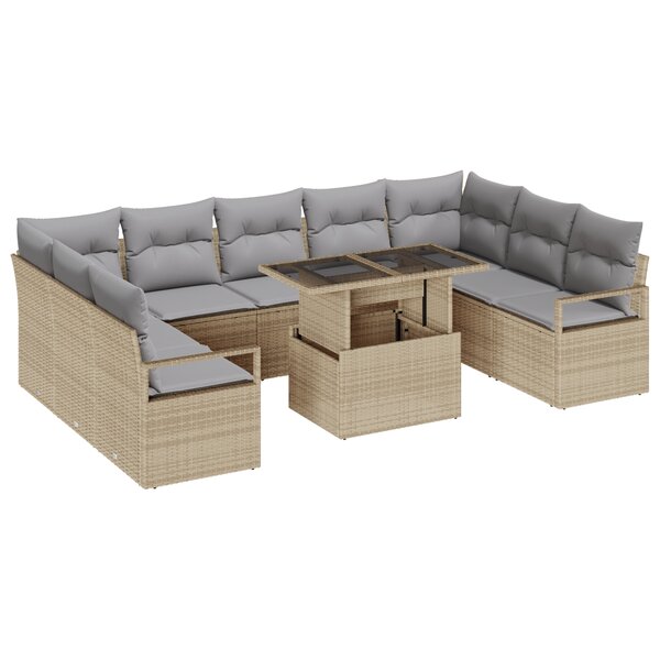 Canapé de Jardin 10 Pièces avec Coussins Beige en Rattan Poly