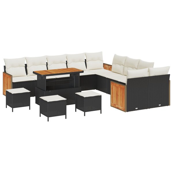 Set de canapés de jardin vidaXL 14 pièces avec coussins Noir Poly Rotin Acacia