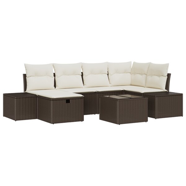 vidaXL Ensemble de canapés de jardin 7 pièces avec coussins Marron Poly Rattan