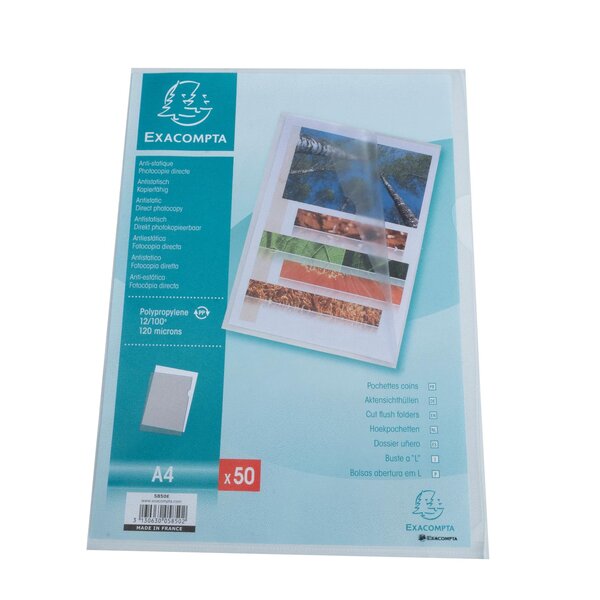 Sachet 50 Pochettes Coin Polypropylène Grainé 12/100e - A4 - Cristal - X 10 - Exacompta