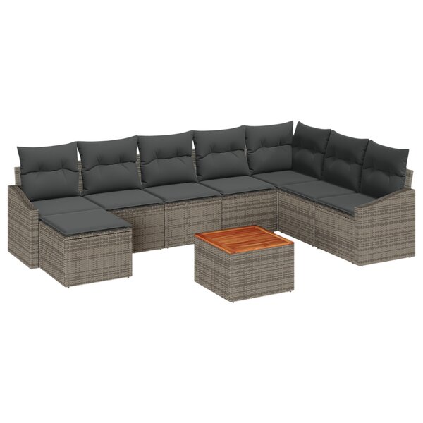 vidaXL Ensemble de Canapé de Jardin 9 Pièces avec Coussins Gris Poly Rattan Acacia