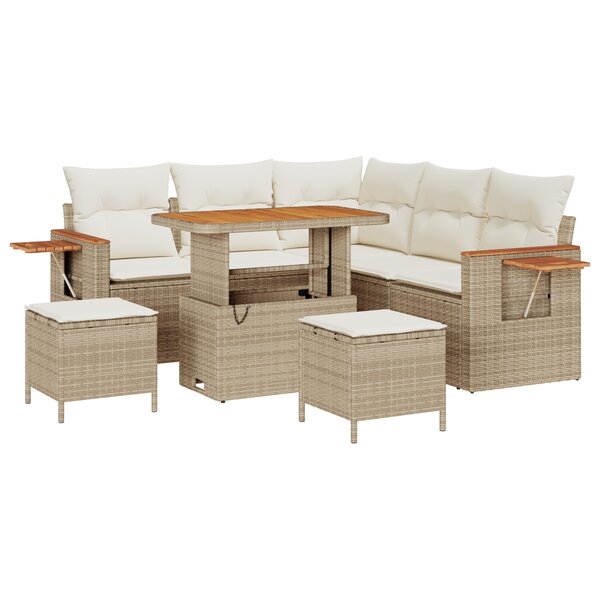 Ensemble de canapé de jardin à 8 pièces avec coussins beige poly rotin acacia