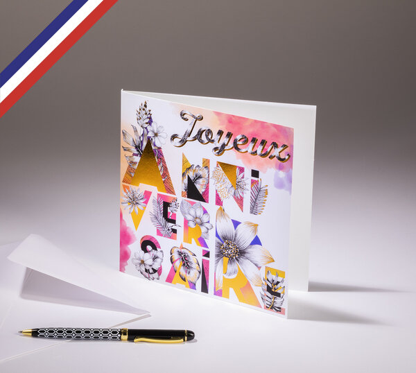 Carte double florilège créée et imprimée en france - joyeux anniversaire en lettres entremêlées de fleurs