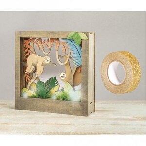 Cadre bois à motif 3D Paresseux 24 x 24 cm + masking tape doré à paillettes 5 m