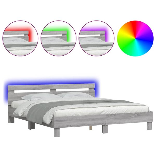 vidaXL Cadre de lit avec tête de lit et LED sonoma gris 180x200 cm