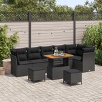 Ensemble de Sofa de Jardin 9 Pièces vidaXL avec Coussins Noir Poly Rotin Acacia
