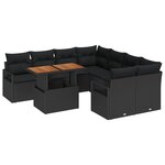 Ensemble de Canapés de Jardin vidaXL 9 Pièces avec Coussins Noir Poly Rattan Acacia