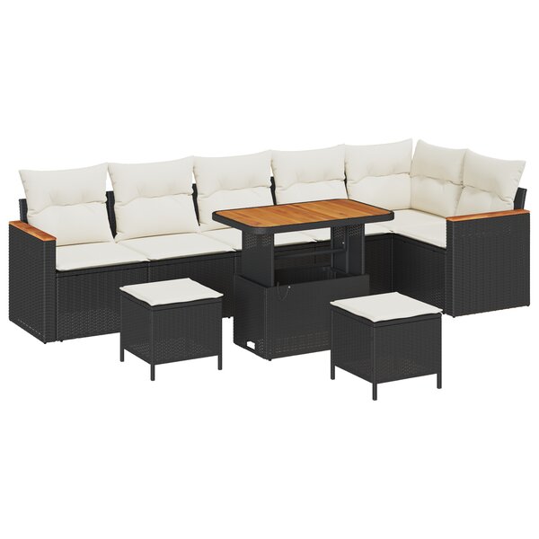 Ensemble de canapé de jardin 9 pièces avec coussins noir poly rotin acacia