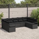 Set de canapé de jardin de 9 pièces avec coussins en rotin poly noir
