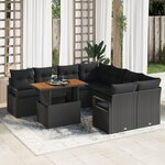 Ensemble de Canapés de Jardin vidaXL 9 Pièces avec Coussins Noir Poly Rattan Acacia