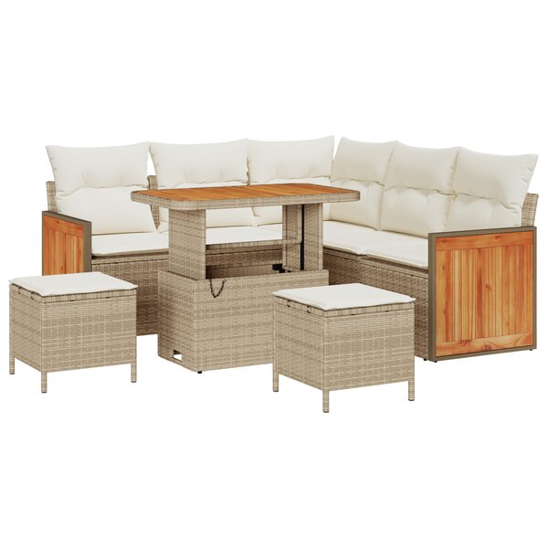 Ensemble de canapé de jardin 8 pièces avec coussins beige en poly rotin acacia