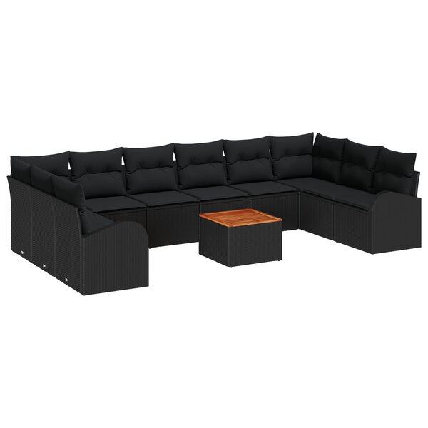 Ensemble de Canapé Jardin 11 Pièces avec Coussins en Rotin Poly Noir