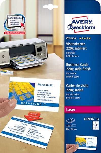 100 cartes de visite recto/verso bords lisses quick&clean 220g/m² laser blanc... Avery zweckform