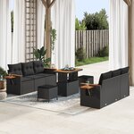 Ensemble de canapé de jardin 9 pièces avec coussins en rotin noir et bois d'acacia