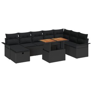 vidaXL Ensemble de Canapés de Jardin 9 Pièces avec Coussins Rattan Noir Poly