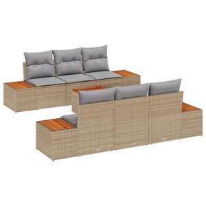 Ensemble de canapé de jardin 7 pièces avec coussins beige poly rattan acacia